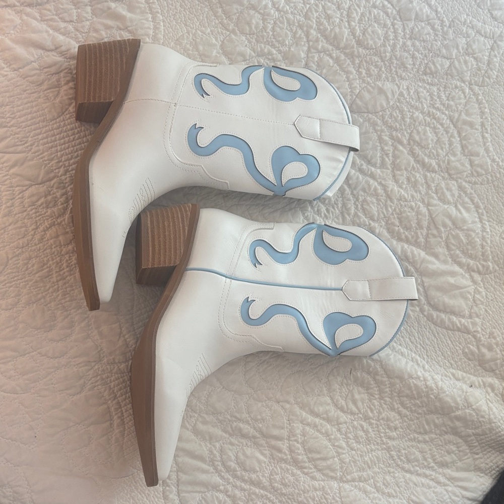 White and Blue Western Ankle Boots